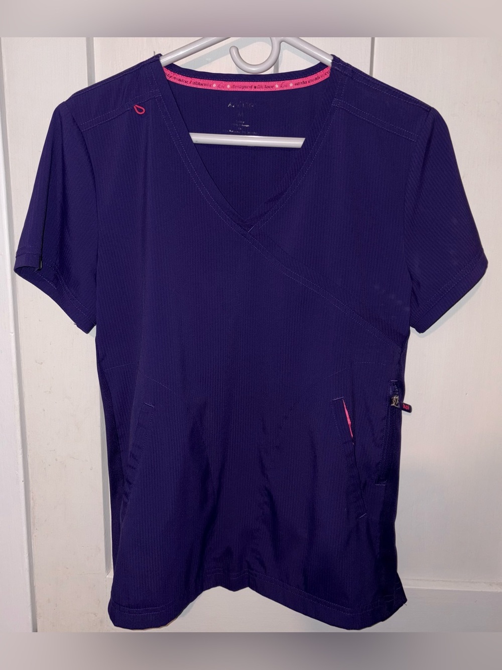 Koi Lite Philosophy 3-Pocket Mock Wrap Ribbed Panel Top in Purple, size M